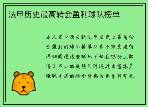 法甲历史最高转会盈利球队榜单
