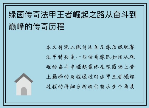 绿茵传奇法甲王者崛起之路从奋斗到巅峰的传奇历程