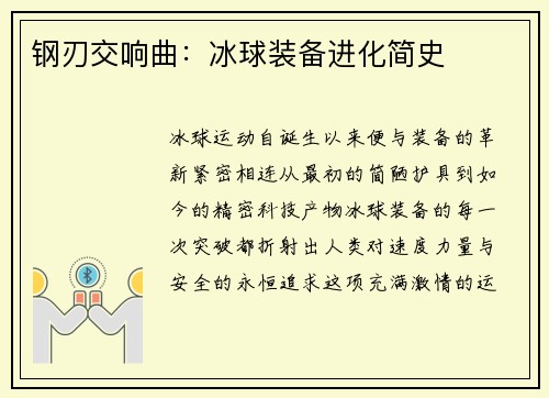 钢刃交响曲：冰球装备进化简史