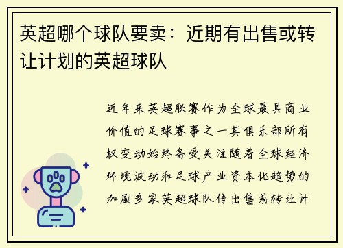 英超哪个球队要卖：近期有出售或转让计划的英超球队
