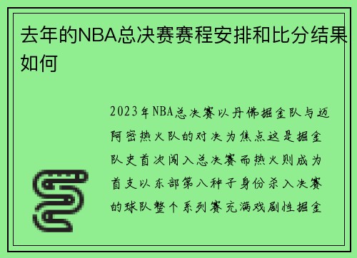 去年的NBA总决赛赛程安排和比分结果如何